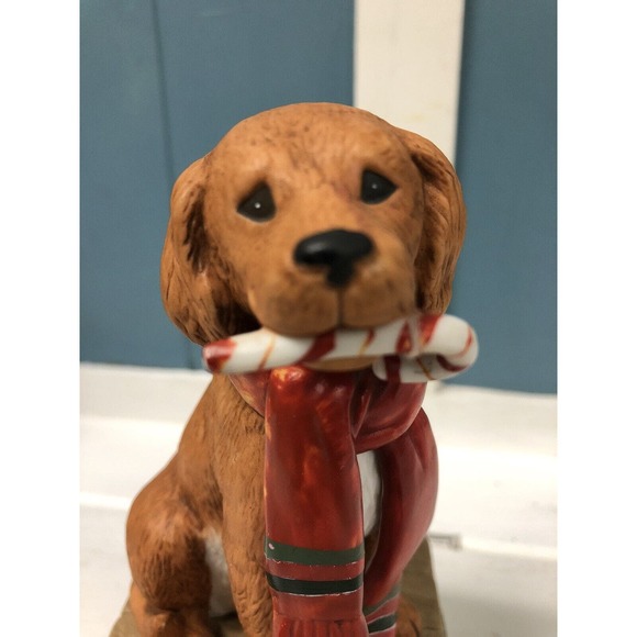 Vtg Gordon Fraser 1984 Ceramic Brown Dog w/ Candy Cane Scarf Christmas Musical - Picture 6 of 8